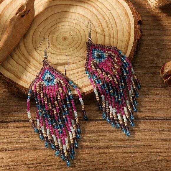 Colorful Beads Tassel Dangle Pink and Blue Earrings Retro Bohemian Style - Picture 10 of 10